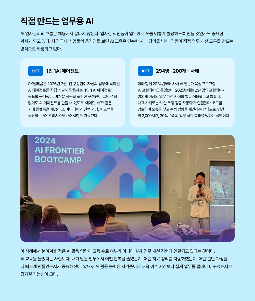 AI 인사관리의 흐름은 채용에서 끝나지 않는다. 입사한 직원들이 업무에서 AI를 어떻게 활용하도록 만들 것인가도 중요한  과제가 되고 있다. 최근 국내 기업들의 움직임을 보면 AI 교육은 단순한 사내 강의를 넘어, 직원이 직접 업무 개선 도구를 만드는 방식으로 확장되고 있다.