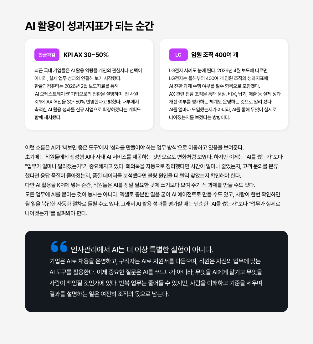 이런 흐름은 AI가 '써보면 좋은 도구'에서 '성과를 만들어야 하는 업무 방식'으로 이동하고 있음을 보여준다.  초기에는 직원들에게 생성형 AI나 사내 AI 서비스를 제공하는 것만으로도 변화처럼 보였다. 하지만 이제는 AI를 썼는가보다  업무가 얼마나 달라졌는가가 중요해지고 있다. 회의록을 자동으로 정리했다면 시간이 얼마나 줄었는지, 고객 문의를 분류 했다면 응답 품질이 좋아졌는지, 품질 데이터를 분석했다면 불량 원인을 더 빨리 찾았는지 확인해야 한다. 다만 AI 활용을 KPI에 넣는 순간, 직원들은 AI를 정말 필요한 곳에 쓰기보다 보여 주기 식 과제를 만들 수도 있다.  모든 업무에 AI를 붙이는 것이 능사는 아니다. 엑셀로 충분한 일을 굳이 AI 에이전트로 만들 수도 있고, 사람이 한번 확인하면  될 일을 복잡한 자동화 절차로 돌릴 수도 있다. 그래서 AI 활용 성과를 평가할 때는 단순한 AI를 썼는가보다업무가 실제로  나아졌는가를 살펴봐야 한다.