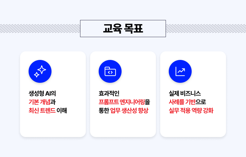 교육목표, 생성형 AI의 기본 개념과 최신 트렌드 이해, 효과적인 프롬프트 엔지니어링을 통한 업무 생산성 향상, 실제 비즈니스 사례를 기반으로 실무 적용 역량 강화