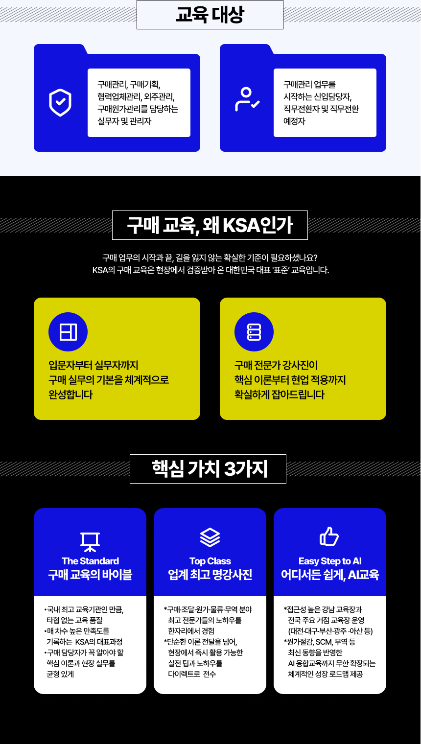 구매관리, 구매기획, 협력업체관리, 외주관리, 구매원가관리를 담당하는 실무자 및 관리자 구매관리 업무를 시작하는 신입담당자, 직무전환자 및 직무전환 예정자 구매 교육, 왜 KSA인가 구매 업무의 시작과 끝, 길을 잃지 않는 확실한 기준이 필요하셨나요? KSA의 구매 교육은 현장에서 검증받아 온 대한민국 대표 '표준’ 교육입니다. 입문자부터 실무자까지 구매 실무의 기본을 체계적으로 완성합니다 구매 전문가 강사진이 핵심 이론부터 현업 적용까지 확실하게 잡아드립니다 핵심 가치 3가지 The Standard구매 교육의 바이블 •국내 최고 교육기관인 만큼, 타협 없는 교육 품질 •매 차수 높은 만족도를 기록하는  KSA의 대표과정 •구매 담당자가 꼭 알아야 할 핵심 이론과 현장 실무를 균형 있게 Top Class업계 최고 명강사진 *구매·조달·원가·물류·무역 분야 최고 전문가들의 노하우를 한자리에서 경험 *단순한 이론 전달을 넘어, 현장에서 즉시 활용 가능한 실전 팁과 노하우를 다이렉트로  전수 Easy Step to AI 어디서든 쉽게, AI교육 *접근성 높은 강남 교육장과 전국 주요 거점 교육장 운영(대전·대구·부산·광주 ·아산 등) *원가절감, SCM, 무역 등  최신 동향을 반영한 AI 융합교육까지 무한 확장되는  체계적인 성장 로드맵 제공