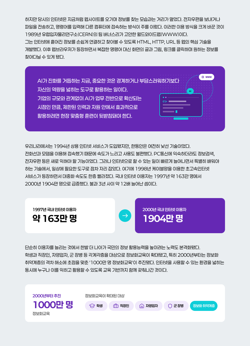 하지만 당시의 인터넷은 지금처럼 웹사이트를 오가며 정보를 찾는 모습과는 거리가 멀었다. 전자우편을 보내거나 파일을 전송하고, 명령어를 입력해 다른 컴퓨터에 접속하는 방식이 주를 이뤘다. 이러한 이용 방식을 크게 바꾼 것이 1989년 유럽입자물리연구소(CERN)의 팀 버너스리가 고안한 월드와이드웹(WWW)이다. 그는 인터넷에 흩어진 정보를 손쉽게 연결하고 찾아볼 수 있도록 HTML, HTTP, URL 등 웹의 핵심 기술을 개발했다. 이후 웹브라우저가 등장하면서 복잡한 명령어 대신 화면의 글과 그림, 링크를 클릭하며 원하는 정보를 찾2026 September Vol.63623AI가 진화를 거듭하는 지금, 중요한 것은 경계하거나 부담스러워하기보다 자신의 역량을 넓히는 도구로 활용하는 일이다. 기업의 규모와 관계없이 AI가 업무 전반으로 확산되는 시점인 만큼, 제한된 인력과 자원 안에서 효과적으로 활용하려면 현장 맞춤형 훈련이 뒷받침돼야 한다.아다닐 수 있게 됐다.우리나라에서는 1994년 상용 인터넷 서비스가 도입됐지만, 한동안은 여전히 낯선 기술이었다. 전화선과 모뎀을 이용해 접속했기 때문에 속도가 느리고 사용도 불편했다. PC통신에 익숙하더라도 정보검색, 전자우편 등은 새로 익혀야 할 기능이었다. 그러나 인터넷으로 할 수 있는 일이 빠르게 늘어나면서 특별히 배워야 하는 기술에서, 일상에 필요한 도구로 점차 자리 잡았다. 여기에1998년 케이블망을 이용한 초고속인터넷 서비스가 등장하면서 대중화 속도도 한층 빨라졌다. 국내 인터넷 이용자는 1997년 약 163만 명에서 2000년 1904만 명으로 급증했다. 불과 3년 사이 약 12배 늘어난 셈이다.단순히 이용자를 늘리는 것에서 한발 더 나아가 국민의 정보 활용능력을 높이려는 노력도 본격화됐다. 학생과 직장인, 자영업자, 군 장병등 각계각층을 대상으로 정보화교육이 확대됐고, 특히 2000년부터는 정보화 취약계층의 격차 해소에 초점을 맞춘 &lsquo;1000만 명 정보화교육&rsquo;이 추진됐다. 인터넷을 사용할 수 있는 환경을 넓히는 동시에 누구나 이를 익히고 활용할 수 있도록 교육 기반까지 함께 갖춰나간 것이다.