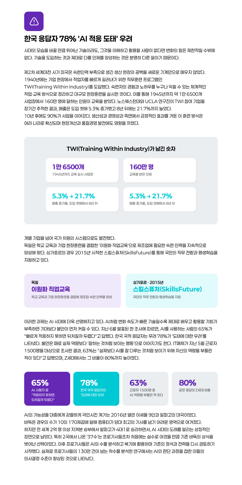 한국 응답자 78% &lsquo;AI 적응 도태&rsquo; 우려시대의 모습을 바꿀 만큼 뛰어난 기술이라도, 그것을 이해하고 활용할 사람이 없다면 변화의 힘은 제한적일 수밖에 없다. 기술을 도입하는 것과 제대로 다룰 인재를 양성하는 것은 24분명히 다른 일이기 때문이다. 제2차 세계대전 시기 미국은 숙련인력 부족으로 생긴 생산 현장의 공백을 새로운 기계만으로 메우지 않았다. 1940년에는 기업 현장에서 작업자를 빠르게 길러내기 위한 직무훈련 프로그램인 TWI(Training Within Industry)를 도입했다. 숙련자의 경험과 노하우를 누구나 익힐 수 있는 체계적인 작업&middot;교육 방식으로 정리하고 대규모 현장훈련을 실시한 것이다. 이를 통해 1945년까지 약 1만 6500개 사업장에서 160만 명에 달하는 인원이 교육을 받았다. 노스웨스턴대와 UCLA 연구진이 TWI 참여 기업을 장기간 추적한 결과, 매출은 도입 첫해 5.3% 증가했고 8년 뒤에는 21.7%까지 늘었다. 10년 후에도 90%가 사업을 이어갔다. 생산성과 경영성과 측면에서 긍정적인 효과를 거둔 이 훈련 방식은 여러 나라로 확산되며 현장개선과 품질경영 발전에도 영향을 끼쳤다. 개별 기업을 넘어 국가 차원의 시스템으로도 발전했다. 독일은 학교 교육과 기업 현장훈련을 결합한 &lsquo;이원화 직업교육&rsquo;으로 제조업에 필요한 숙련 인력을 지속적으로 양성해 왔다. 싱가포르의 경우 2015년 시작한 스킬스퓨처(SkillsFuture)를 통해 국민의 직무 전환과 평생학습을 지원하고 있다.이러한 과제는 AI 시대에 더욱 선명해지고 있다. AI처럼 변화 속도가 빠른 기술일수록 제대로 배우고 활용할 기회가 부족하면 기대보다 불안이 먼저 커질 수 있다. 지난 6월 발표된 한 조사에 따르면, AI를 사용하는 사람의 65%가 &ldquo;빠르게 적응하지 못하면 뒤처질까 두렵다&rdquo;고 답했다. 한국 국적 응답자는 무려 78%가 &lsquo;도태에 대한 우려&rsquo;를 나타냈다. 불안은 때로 실제 역량보다 &lsquo;잘하는 것처럼 보이는 행동&rsquo;으로 이어지기도 한다. IT매체가 지난 5월 근로자 1500명을 대상으로 조사한 결과, 63%는 &ldquo;실제보다 AI를 잘 다루는 것처럼 보이기 위해 자신의 역량을 부풀린 적이 있다&rdquo;고 답했으며, Z세대에서는 그 비율이 80%까지 높아졌다.AI의 가능성을 대중에게 강렬하게 각인시킨 계기는 2016년 열린 이세돌 9단과 알파고의 대국이었다. 바둑은 경우의 수가 10의 170제곱에 달해 컴퓨터가 당대 최고의 기사를 넘기 어려운 영역으로 여겨졌다. 하지만 전 세계 2억 명 이상 지켜본 승부에서 알파고가 4대1로 승리하면서, AI 시대의 도래를 알리는 상징적인 장면으로 남았다. 특히 2국에서 나온 &lsquo;37수&rsquo;는 프로기사들조차 처음에는 실수로 여겼을 만큼 기존 바둑의 상식을 벗어난 선택이었다. 이후 프로기사들은 AI의 수를 분석하고 복기에 활용하며 기존의 정석과 전략을 다시 검토하기 시작했다. 실제로 프로기사들의 130만 건이 넘는착수를 분석한 연구에서는 AI의 판단 과정을 접한 이들의 의사결정 수준이 향상된 것으로 나타났다