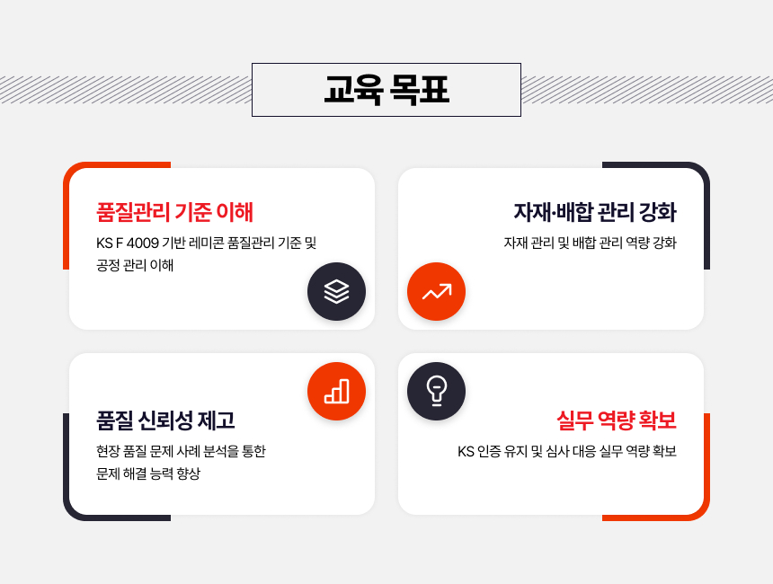 품질관리 기준 이해 KS F 4009&nbsp;기반 레미콘 품질관리 기준 및 공정 관리 이해   자재&middot;배합 관리 강화 자재 관리 및 배합 관리 역량 강화   품질 신뢰성 제고 현장 품질 문제 사례 분석을 통한 문제 해결 능력 향상   실무 역량 확보 KS 인증 유지 및 심사 대응 실무 역량 확보
