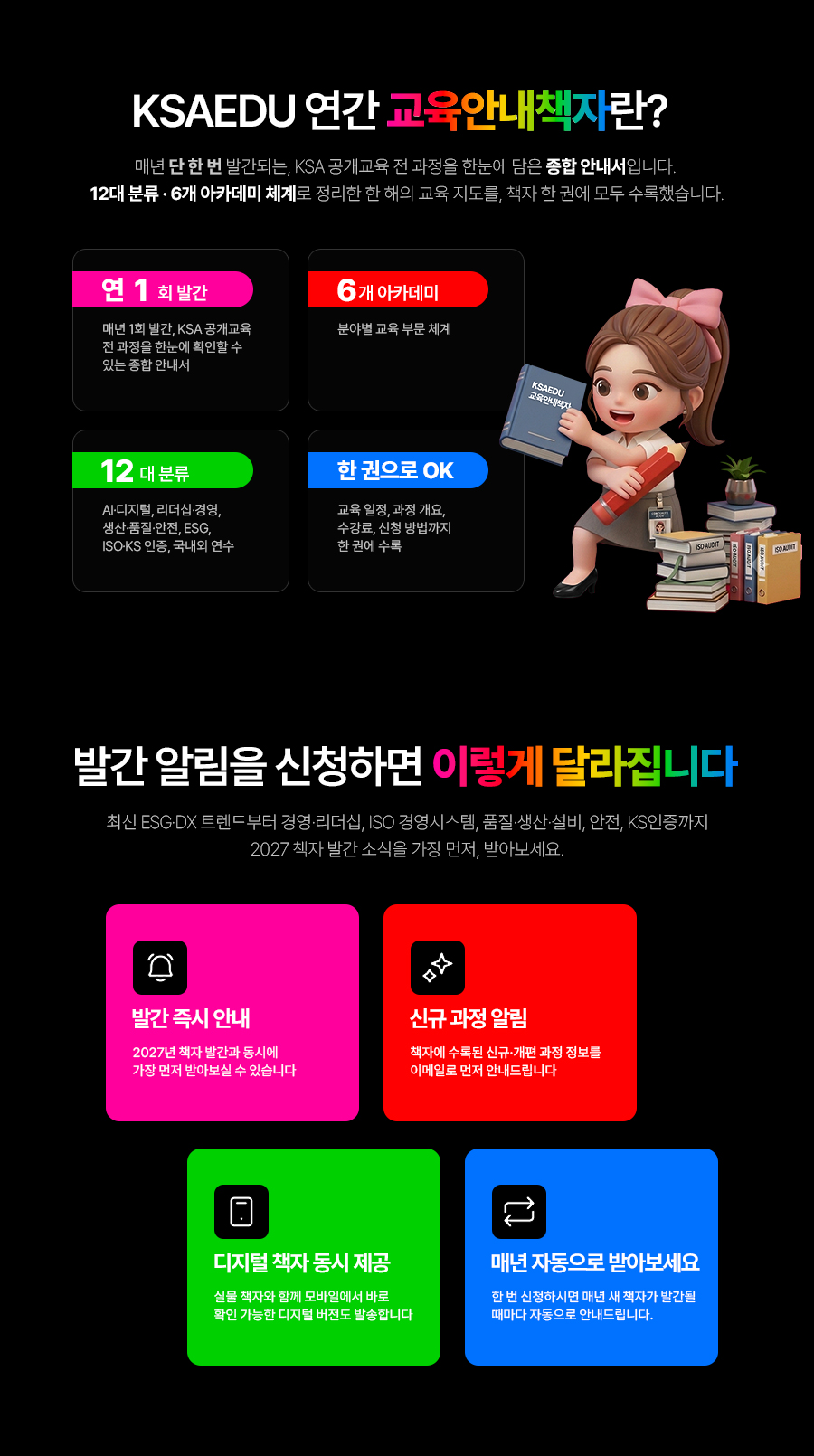 KSAEDU 연간 교육안내책자란?매년 단 한 번 발간되는, KSA 표시 교육 전 과정을 전체적으로 표시됩니다. 12대 분류 &middot; 6개의 심사로 분석하여 한 해의 교육 지도를, 책자 한 권에 모두 포함되었습니다.