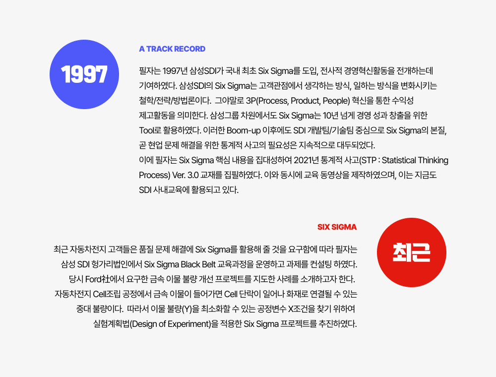 필자는 1997년 삼성SDI가 국내 최초 Six Sigma를 도입, 전사적 경영혁신활동을 전개하는데 기여하였다. 삼성SDI의 Six Sigma는 고객관점에서 생각하는 방식, 일하는 방식을 변화시키는 철학/전략/방법론이다.  그야말로 3P(Process, Product, People) 혁신을 통한 수익성 제고활동을 의미한다. 삼성그룹 차원에서도 Six Sigma는 10년 넘게 경영 성과 창출을 위한 Tool로 활용하였다. 이러한 Boom-up 이후에도 SDI 개발팀/기술팀 중심으로 Six Sigma의 본질, 곧 현업 문제 해결을 위한 통계적 사고의 필요성은 지속적으로 대두되었다. 이에 필자는 Six Sigma 핵심 내용을 집대성하여 2021년 통계적 사고(STP : Statistical Thinking Process) Ver. 3.0 교재를 집필하였다. 이와 동시에 교육 동영상을 제작하였으며, 이는 지금도 SDI 사내교육에 활용되고 있다.최근 자동차전지 고객들은 품질 문제 해결에 Six Sigma를 활용해 줄 것을 요구함에 따라 필자는 삼성 SDI 헝가리법인에서 Six Sigma Black Belt 교육과정을 운영하고 과제를 컨설팅 하였다.  당시 Ford社에서 요구한 금속 이물 불량 개선 프로젝트를 지도한 사례를 소개하고자 한다. 자동차전지 Cell조립 공정에서 금속 이물이 들어가면 Cell 단락이 일어나 화재로 연결될 수 있는 중대 불량이다.  따라서 이물 불량(Y)을 최소화할 수 있는 공정변수 X조건을 찾기 위하여 실험계획법(Design of Experiment)을 적용한 Six Sigma 프로젝트를 추진하였다.