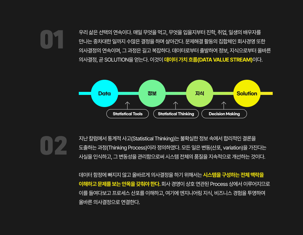 우리 삶은 선택의 연속이다. 매일 무엇을 먹고, 무엇을 입을지부터 진학, 취업, 일생의 배우자를 만나는 중차대한 일까지 수많은 결정을 하며 살아간다. 문제해결 활동의 집합체인 회사경영 또한 의사결정의 연속이며, 그 과정은 길고 복잡하다. 데이터로부터 출발하여 정보, 지식으로부터 올바른 의사결정, 곧 Solution을 얻는다. 이것이&nbsp;데이터 가치 흐름(Data Value Stream)이다.지난 칼럼에서 통계적 사고(Statistical Thinking)는 불확실한 정보 속에서 합리적인 결론을 도출하는 과정(Thinking Process)이라 정의하였다. 모든 일은 변동(산포, variation)을 가진다는 사실을 인식하고, 그 변동성을 관리함으로써 시스템 전체의 품질을 지속적으로 개선하는 것이다.   데이터 함정에 빠지지 않고 올바르게 의사결정을 하기 위해서는 시스템을 구성하는 전체 맥락을 이해하고 문제를 보는 안목을 갖춰야 한다. 회사 경영이 상호 연관된 Process 상에서 이루어지므로 이를 들여다보고 프로세스 산포를 이해하고, 여기에 엔지니어링 지식, 비즈니스 경험을 투영하여 올바른 의사결정으로 연결한다.