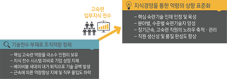 기술전수 부재로 조직역량 정체:핵심 고숙련 역량을 극소수 인원이 보유, 지식 전수 시스템 미비로 기업 성장 지체, 베이비붐 세대의 대거 퇴직으로 기술 공백 발생, 근속에 따른 역량향상 지체 및 직무 몰입도 하락→고숙련 업무지식 전수→지식경영을 통한 역량의 상향 표준화:핵심 숙련기술 인재 인정 및 육성, 분야별 수전별 숙력기술자 양성, 장기근속, 고숙련 직원의 노후우 축적ㆍ관리, 직원 생사성 및 품질 완성도 향상