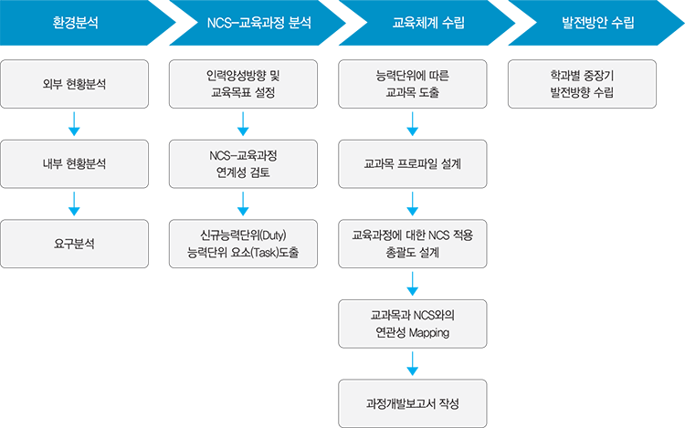 환경분석(외부 현황분석→내부 현황분석→요구분석)→NCS-교육과정(인력양성방향 및 교육목표 설정→NCS-교육과정 연계성 검토→신규능력단위(Duty) 능력단위 요소(Task) 도출)→교육 체계 수립(능력단위에 따른 교과목 도출→교과목 프로파일 설계→교육과정에 대한 NCS 적용 총괄도 설계→교과목과 NCS와의 연관성 Mapping→과정개발보고서 작성)→발전방안 수립(학과별 중장기 발전방향 수립)